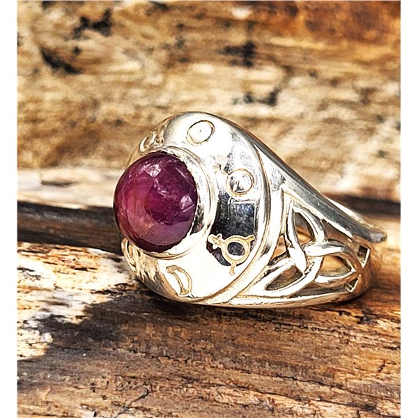 Celtic-Style Ruby Cabochon Sterling Silver Ring