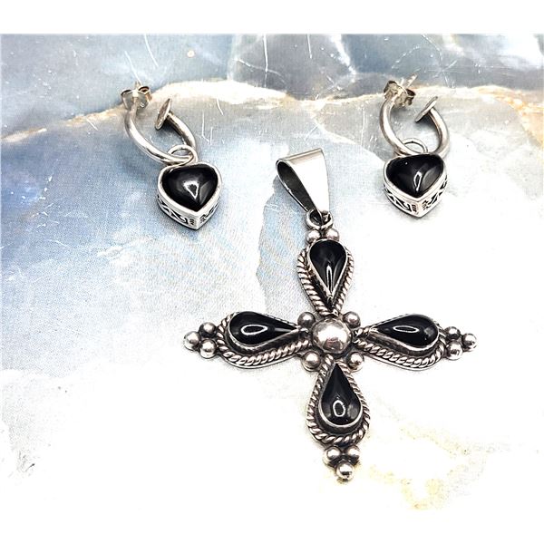 Signed HOB Black Onyx Cross and BONUS Earrings