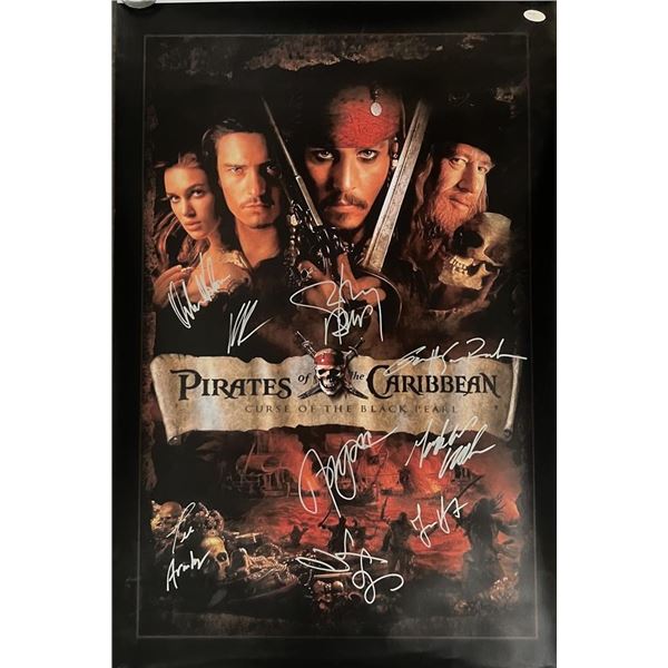 Pirates Of The Caribbean Curse Of The Black Pearl cast signed movie poster. GFA Authenticated