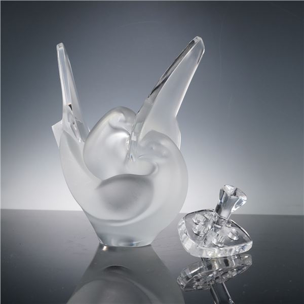 2pc Lalique Crystal Sylvie Bird Vase with Flower Frog