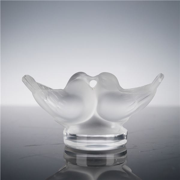 Lalique Crystal Paperweight, Clear Frosted Lovebirds