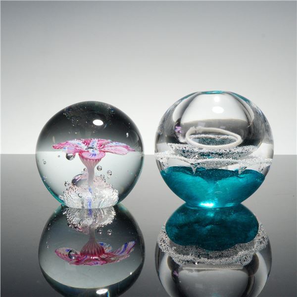 2pc Art Glass Paperweights, Teal and Pink Floral