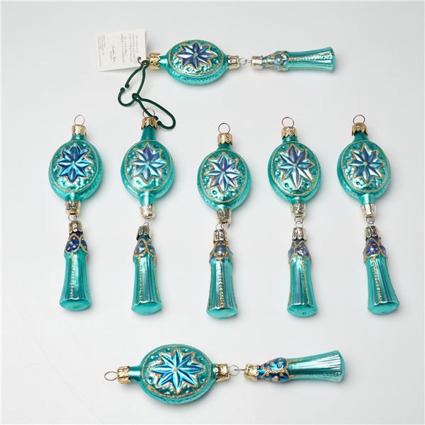 7pc Christopher Radko Glass Ornaments, Blue and Gold Starburst Design