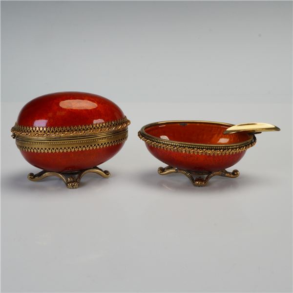 2pc Evans Egg Shaped Ashtray & Lighter Set, Guilloche Enamel Brass