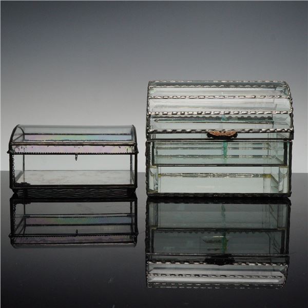 2pc Beveled Glass and Leaded Metal Jewelry Caskets