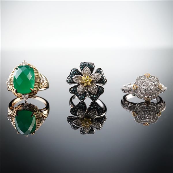 3pc Sterling Silver Ring Set with Green & Clear Stones