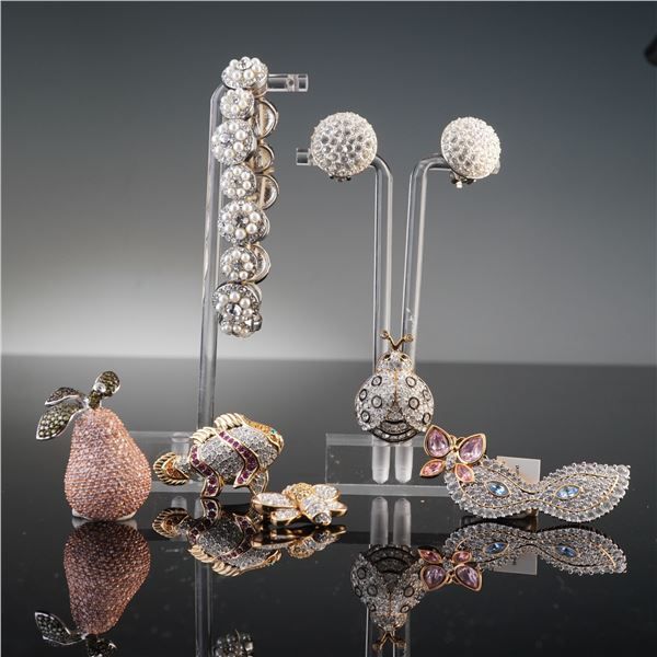 7pc Mixed Metal and Rhinestone Earrings, Bracelet and Brooches