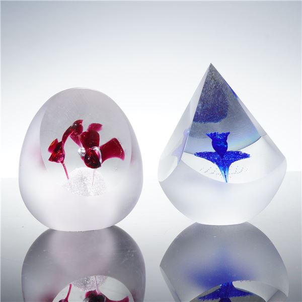 2pc Art Glass Paperweights, Red and Blue Floral Designs