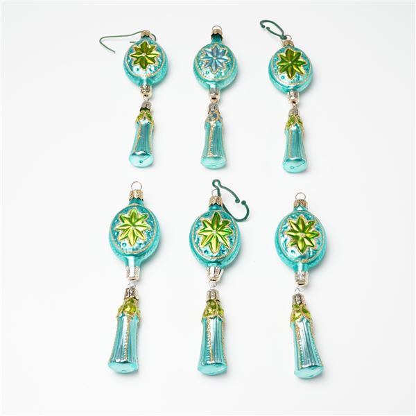 6pc Christopher Radko Ornaments, Turquoise and Green Starburst Design