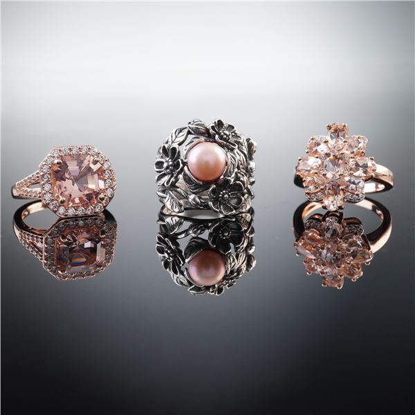 3pc Sterling Silver Ring Set with Pink Stones and Pearl
