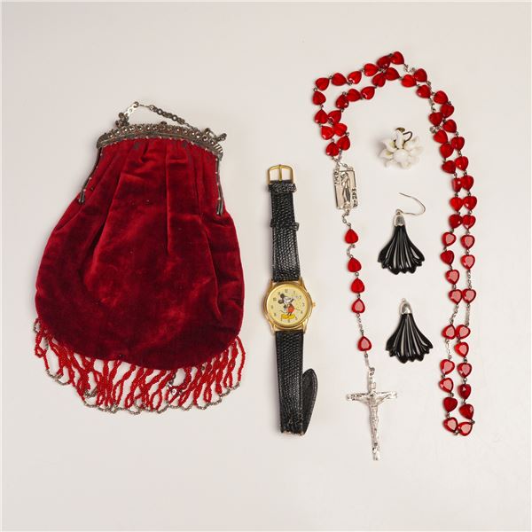 5pc Rosary, Purse, and Assorted Jewelry