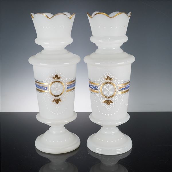 Pair of Bristol Glass White Satin-Finish Vases with Gilt Banding