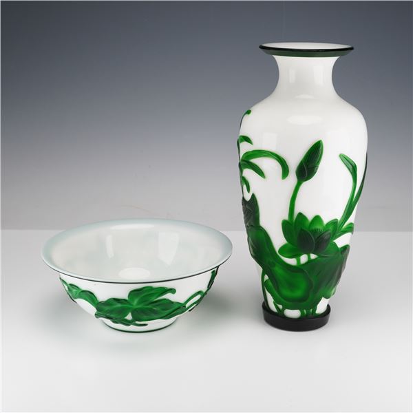 2pc Flora & Fauna Peking Glass Vase & Bowl