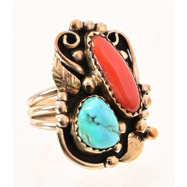 Sterling 14K Gold Turquoise & Coral Ring
