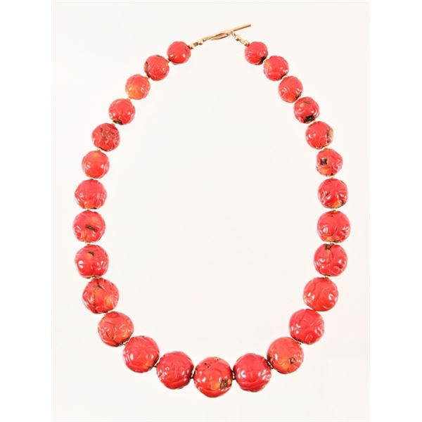 Carved Red Coral Bead Necklace