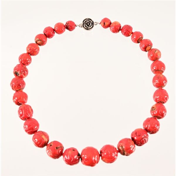 Sterling Silver & Carved Red Coral Bead Necklace