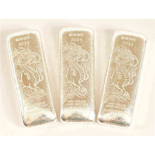 (3) Scottsdale Mint 100 Gram .999 Silver Ingots
