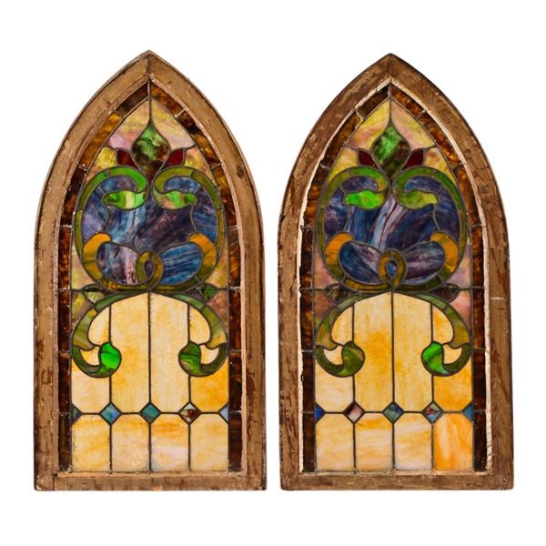 Vintage Stained Glass Arched Window Pane (Pair)