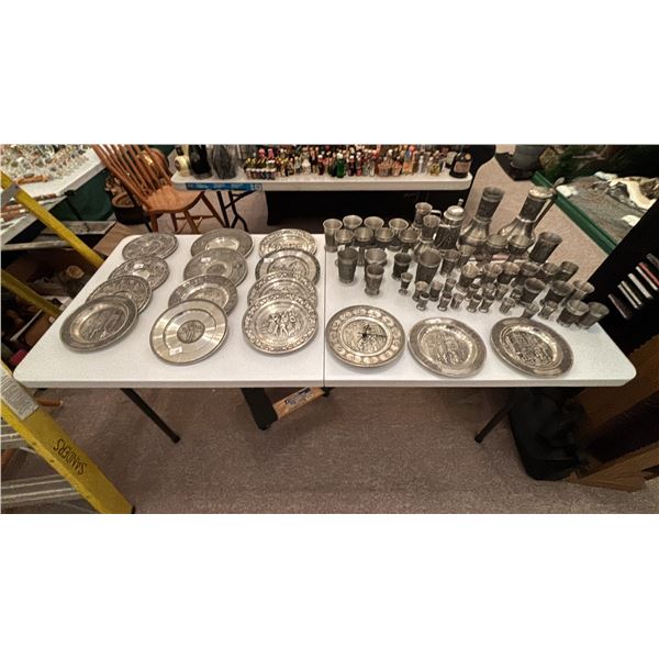 LARGE LOT OF PEWTER DISHES, CLOCK, CUPS, STEINS & GOBLETS