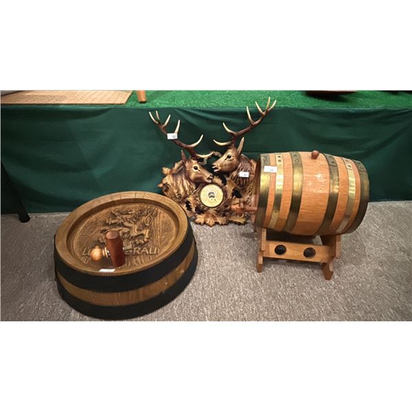 BEER ADVERTISEMENT, WINE BARREL & STAG BAROMETER