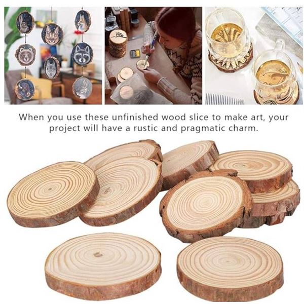 Pack of 20 Unfinished Wood Slices with Tree Bark for Crafts