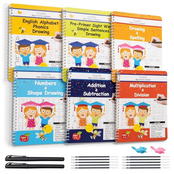 6-Book Set Handwriting Practice Books for Kids, Reusable Groove Writing Practice Copybook with Magic