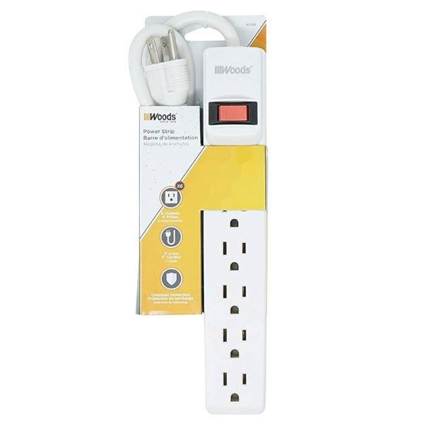 Woods 41366 Surge Protector with Overload Safety Feature, 6 Outlets, 2′ Cord, White