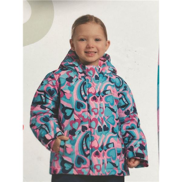 Girls’ Hooded Winter Coat with Multicolored Heart Design Size 3T