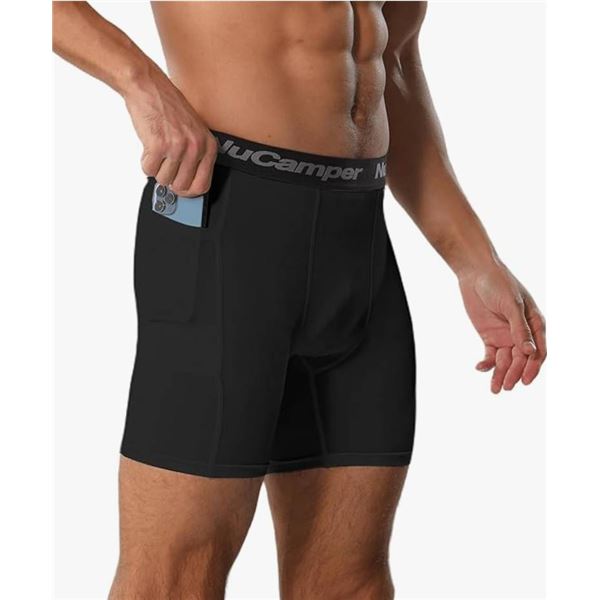 NuCamper Men’s Compression Shorts Underwear  with Pocket, Black, Size S