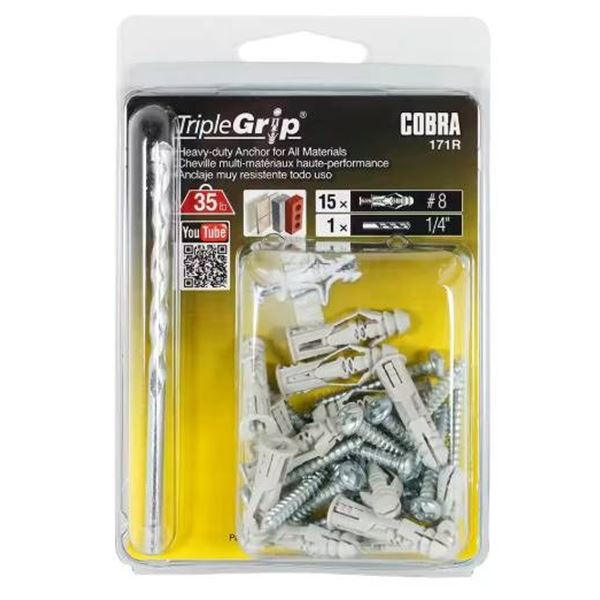 Triplegrip Cobra 171R Wall Anchors with Screws, 3×15-Pack