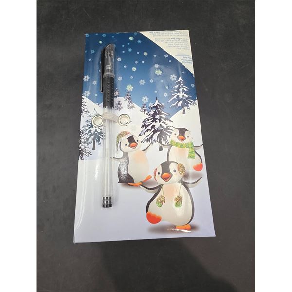 Penguin-Themed Notepad With Pen and Snowy Cover Design