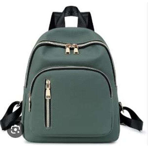 Green Backpack with Multiple Zippered Compartments and Adjustable Straps