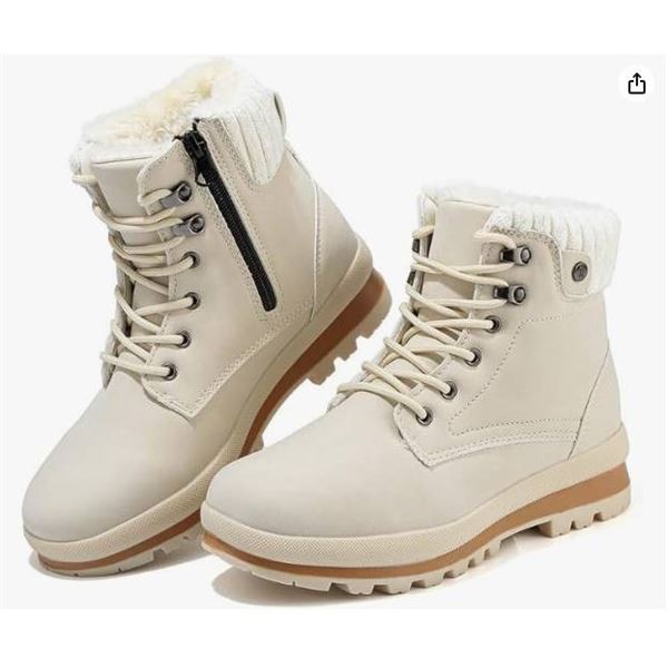 Womens Snow Boots Waterproof Warm Fur Lined Ankle Booties, Size 37, Beige