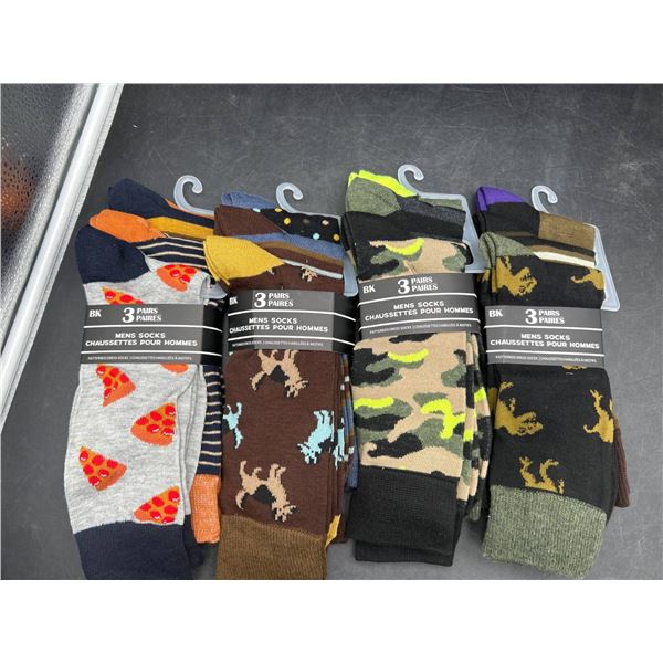 12 Pairs of Men’s Crew Socks with Various Fun Designs and Patterns
