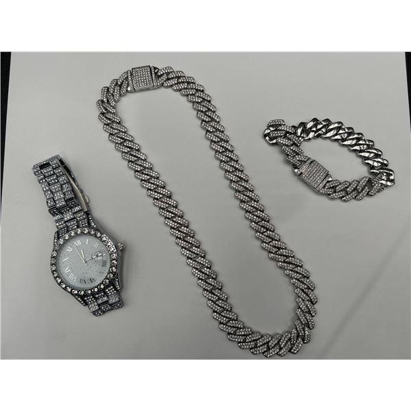 Crystal-Embellished Quartz Watch with Matching Chain and Bracelet Set