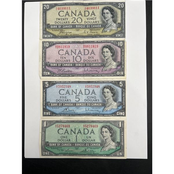 Four Canadian Banknotes – $20, $10, $5, $1 – Featuring Queen Elizabeth II
