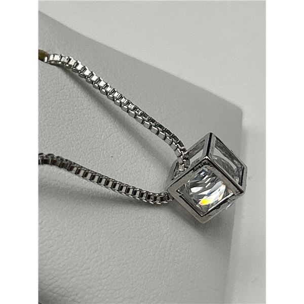 Silver  Necklace With .75 Carat Solitaire Pendant in Cube Design