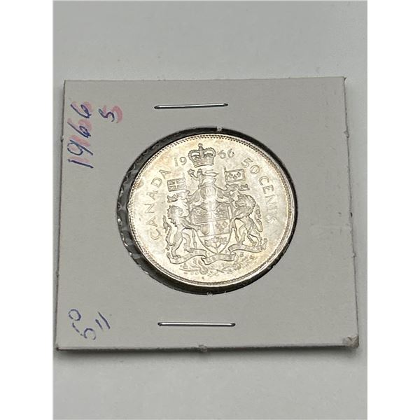 1966 Canada 50-Cent Silver Coin with Elizabeth II Portrait