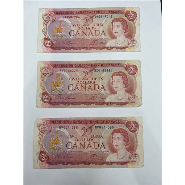 Three Vintage  1974 Canadian $2 Banknotes