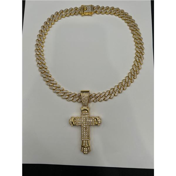 Gold-Tone Cuban Link Chain Necklace with Cross Pendant and Rhinestones