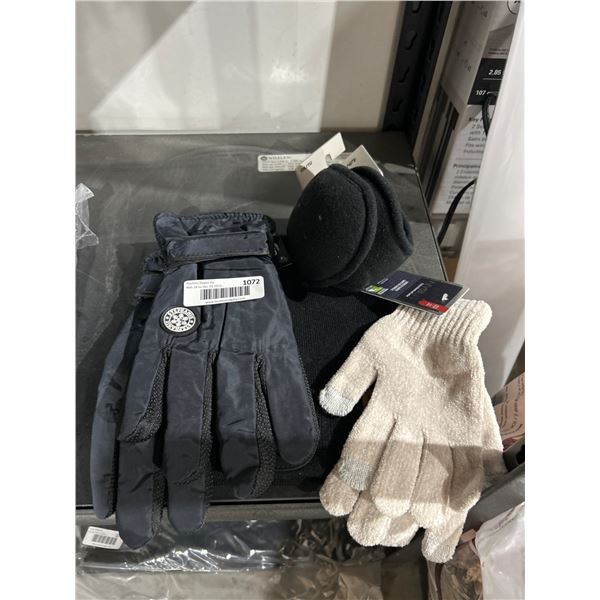 Winter Accessories Including Gloves, Hat, and Earmuffs