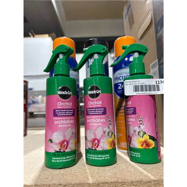 Assorted Lot of Miracle-Gro Orchid Food Spray, Microban Sanitizing Spray, and Valvoline EP Grease