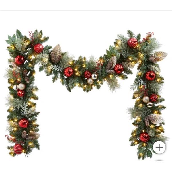 9-Foot Garland Pre-Lit With LED Lights and Decorative Accents