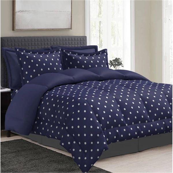 Queen-Size Comfy Polka Dot Comforter Set in Blue 7pc Set