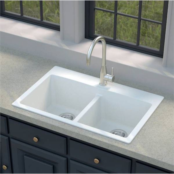 Allen + Roth 31 x 20.5-in Matte White Double Equal Drop-In Undermount 5 Holes Kitchen Sink
