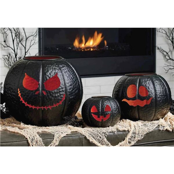 Halloween Metal Pumpkin Lanterns Set of 3 – Nesting Decorative Jack-O-Lantern Candle Holder
