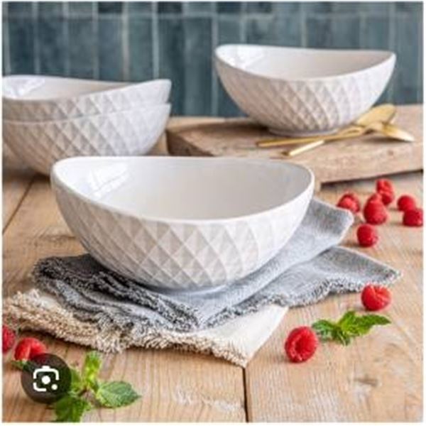 8 White Embossed Ceramic Bowls in Geometric Design