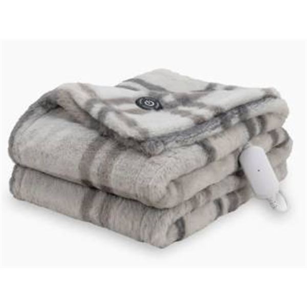 Berkshire Heated Luxe Faux Fur Throw in Grey Plaid – 54 x 64 Inches