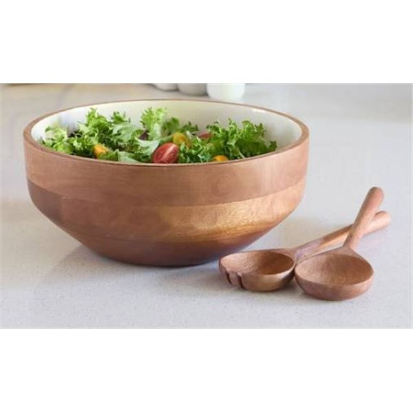 White Ceramic Bowl Set with Wooden Serving Spoons