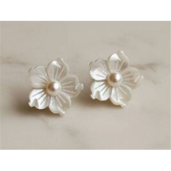 Freshwater Pearl Stud Earrings with Hand-Carved Shell Flower Design